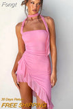 Halter Backless Ruffles Bodycon Mini Dress Women Off Shoulder Pink Prom Vestidos 2023 Summer Harajuku Lolita Y2K