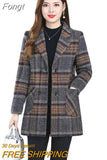 Middle-aged Women's Coats Fashion Grid Woolen Overcoat Female Autumn Winter Wool & Blends Pockets Elegant Woman Jackets