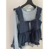 Small Belly Covering Casual Ruffle Sleeveless Western Style Two-piece Suit-Outfit