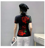 S-3XL Fixed Printing Mesh T Shirts Women Turtleneck Slim Short Sleeve Tees Lady Elegant Stretchy Floral Sheath Top T-Shirt-Outfit