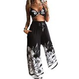 Fongt Summer New Women's Printed Sexy Breasts Loose Broad Leg Pants Two Sets