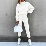 Fleece Pullover Sets Women Casual Lantern Sleeve Sweatshirt Drawstring Pants Solid Color Turtleneck 2 Piece Set