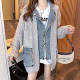 2024 New Autumn Denim Patchwork Loose Lazy Style Thickened Clothes Knitted Sweater Coat Cardigan Tops For Women TH5310-Outfit