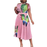 Fongt Large-Size Women's Summer Fashion Temperament Print Short-Sleeved Top Dress Folded Skirt African Suit