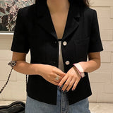 Notched Collar Tweed Jackets Exquisite Single-breasted Chaqueta Mujer Short-sleeved Jaquetas Summer Spring Coats-Outfit