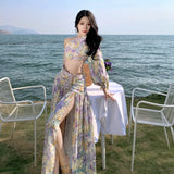 Fongt Shoulder One Shoulder Long Sleeve Dress Skirt Floral Dress Female Sanya Thailand Holiday Dress-Outfit