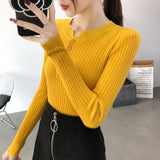 And Winter Design Round Collar Leaky Clavicle Knitted Bottomed Shirt A Slim Short Pit Striped Thin Sweater Button Blouse-Outfit