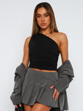 Solid Color One Shoulder Backless Shrink Tank Top T-Shirt Candy Color Tight Sexy Sleeveless Neckless Slim Casaul Top-Outfit