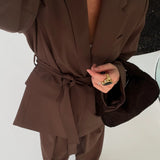 Fongt Women's INS Burst Fashion With Belt Loose Casual Suit Jacket + Trousers Set