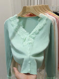 Sweet Soft Wool Cardigan Slim Women Patched Lace V Neck Full Sleeve Solid Color Autumn Spring Sweater Shirts-Outfit