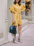 Fongt Spring New Dress Women Simple Fashion Temperament Comfortable Casual Round Collar Leaves Side Solid