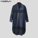 Muslim Men Islamic Kaftan Plaid Long Sleeve 2021 Stand Collar Casual Robes Arabic Vintage Caftan Cotton Men Jubba