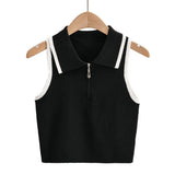 New Summer Lapel With Color Zipper Knitted Vest Shows The Navel Short Style Blouse.-Outfit
