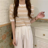 Fongt New Korean Version Of Simple Retro Slimy Loose T-Shirt Small Thin Striped Short-Sleeved Knitted Top