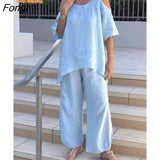 2023 New Women's Sling with Loose Shirt, Wide-leg Trousers Two-piece New In Matching Sets Set Woman 2