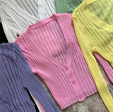 V-neck Solid Cropped Cardigan Women Korean Autumn Long Sleeve Thin Ice Silk Knitted Sweaters Air Conditioner