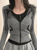 Fongt Fresh Sweet Spicy Wind Striped Hooded Collar Jacket With Thin Short Cardigan Long-Sleeved Top Autumn Dress New