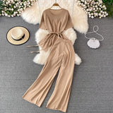 Suit Goddess Fan Irregular Round Collar Knit Blouse Two-Piece Set Of High Waist Thin Wide Leg Trousers-Outfit