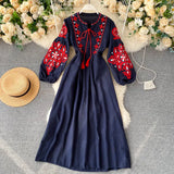 Embroidery Flowers Round Collar Lantern Sleeves Wrinkled Loose Show Thin Dress Women-Outfit