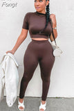 Solid Women Two Piece Set Short Sleeve Gym Top Crops Leggings Skinny Sporty Tracksuit 2023 Spring Summer Outfit