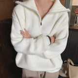 Women Rib Knitting Open Zipper Lapel Sweater 2021 Autumn Vintage Pullover Knitwear Long Sleeve Retro Ladies Knit Jumper