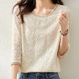 New High-end Crocheted Hollow Blouse Blue O-neck Three-quarter Sleeve Fairy Lace Blouse Elegant Apricot Print Shirt
