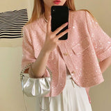 High Quality Korean Tweed Paillette Short Sleeve Jacket Coat Women Korean Fashion Sequin Short Outerwear