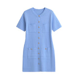 Style French Round Collar Single-Breasted Button Design Feeling Slim Hip Knitted Dress Women 3471011-Outfit