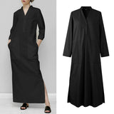 Long Dress Women's Sundress Elegant Stand Collar Long Sleeve Party Dress Side Split Holiday Button Up