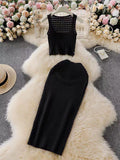 Fongt Hottie Port Style Suit Women's Summer Short Vest Top With High Waist Half Skirt Knit Two Sets