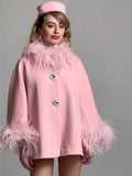 Feather Collar Cape Rhinestone Buttoned Coat-Outfit