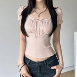 Pure Romantic Style Pleated Lace Button Splicing U-Collar Bubble Sleeve T-Shirt Pure Color Slimming Casual Shirt Trend-Outfit