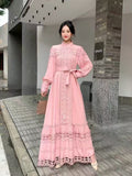 Fongt Small Vintage Hollow Lace Splicing Strap Belt Lantern Sleeve Dress Female Court Long Dress