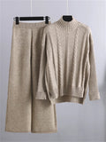 Knitted Sets Tracksuit Women Two Piece Set Split Half Turtleneck Sweater and Wide Leg Pants 2 Piece Sets Womens Outfits-Outfit