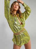 Blouses Long Sleeve Top Sequin Shirts Women Y2K Solid Shirt Autumn Winter 2023 Chic Streetwear Green V Neck