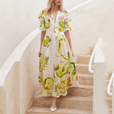 Fongt 2025 New Women's Beach Dress Body Swings Four-Sided Bullet-Printed Long