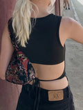 Women Y2K Lace Up Backless Tank Top Solid Knitted T-shirts Tops Sexy Crop Top Night Club Outfits 2023 Streetwear Basic