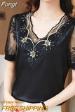 Neck Fashion Lace Satin Blouses Flower Embroidery Elegant 2023 Woman Summer Silk Short Sleeve Shirts Youth Top Blusas