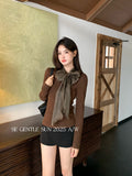 Fongt Xixi 2025 Autumn White Standard Korean Version Of Elegant Temperament Solid Color Tie With Thin Knitted Shirt Top Women 89543