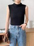 High Collar Sexy Tank Tops Women Sleeveless Knitted Vest Female Elasticity Solid Slim Pullover 2024 Summer Solid Bottoming-Outfit