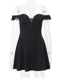Black Off-shoulder Deep Neck Mini Dress-Outfit