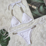 Fongt New Bikini Bandage Cross Bikini Solid Color Metal Diamond Swimsuit Sexy Female