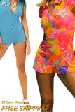 Women Slim-fit Playsuit, Adults Stripe/Flower Print Turn-down Collar Short Sleeve