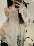 White Long Sleeve Distressed Knit Top-Outfit