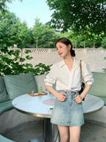Fongt V-Neck Short-Sleeved Shirt Women Thin Summer Professional Sister Shirt Small French Temperament Shirt