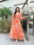 Fongt Temperament Dress Women 2025 Summer New High-End Feeling Waist Round Lantern Sleeve Print Dress
