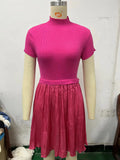 Fongt Parquet Small Turtleneck Dress Short Sleeve Pleated Knit Elegant Pure Color Slim Mini Dress Woman-Outfit