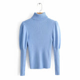 Women Ins High Collar Bubble Sleeve Sweater Ladies Slim Bottoming Shirt Knit Shirt Vintage Top Female Pullovers Chic
