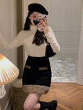 Vintage Two Piece Set Women Patchwork Elegant Sweet Y2K Mini Skirt Suit Female Korean Bow Chic Party Skirt Set Winter