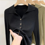 Fongt Sense Of The Small V-Neck Long-Sleeved Knitted Shirt Women's Autumn And Winter New Half-Opened Collared Blouse Bottom